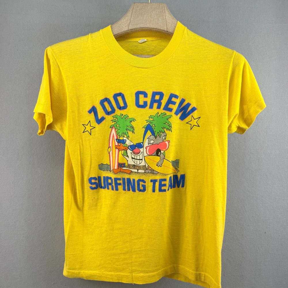 Vintage 1987 Zoo Crew‎ Surfing Team T Shirt Yellow Screen Stars Single Stitch L